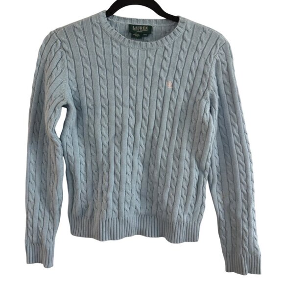 Lauren Ralph Lauren Petite Light Blue Cable Knit Sweater P/S 100% Cotton Crew Ne - Picture 1 of 5